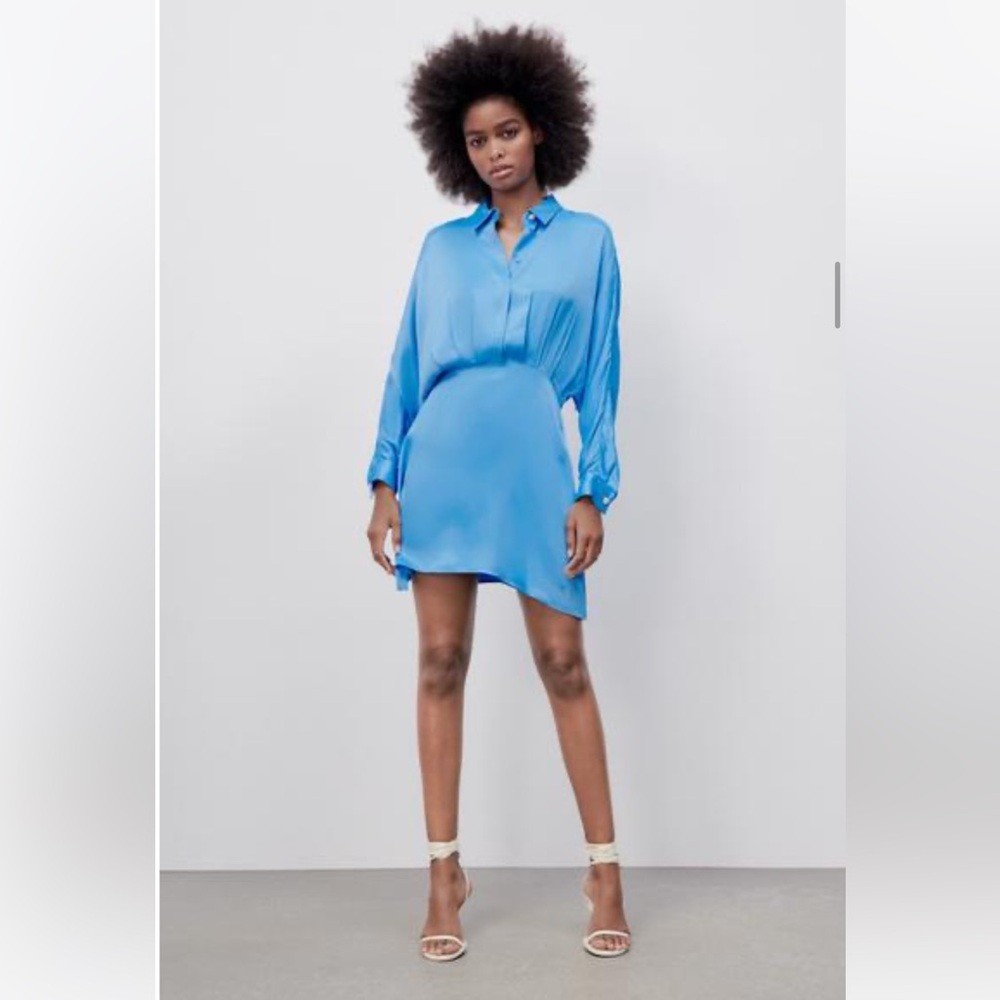 Zara Blue Satin Effect Mini Dress - Sz Small. Embellished buttons on cuff/neck